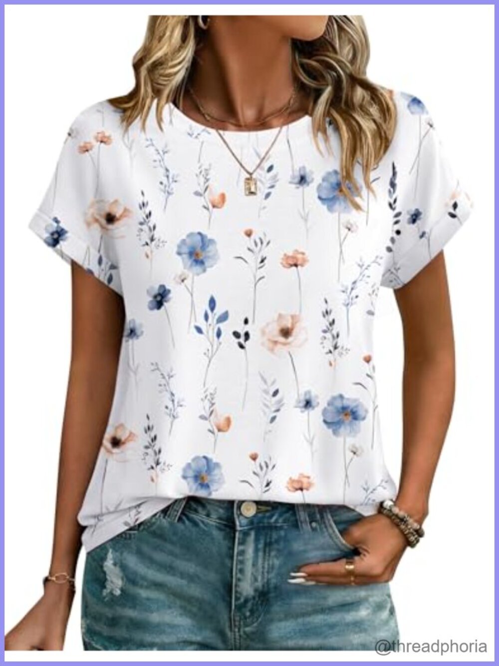 Women's Short Sleeve Floral Tunic Top Crew Neck Summer Blouse